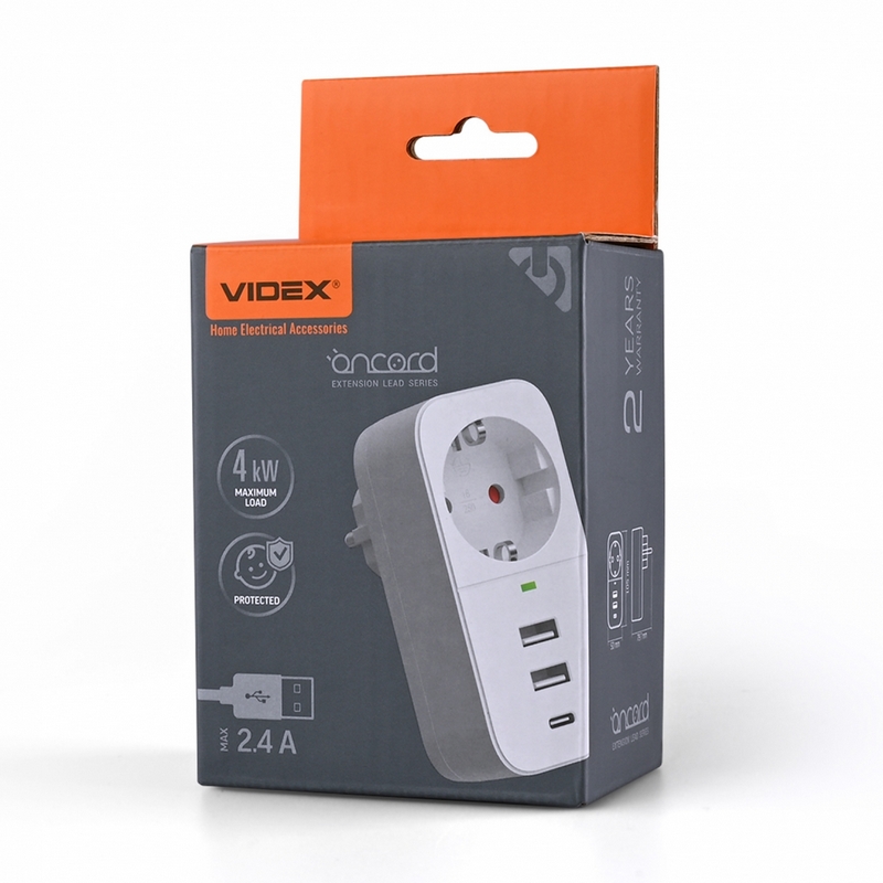 Сетевой адаптер Videx Onkord 1п 2.4A 2USB+USB-C с заземлением от магазина Мандривник Украина